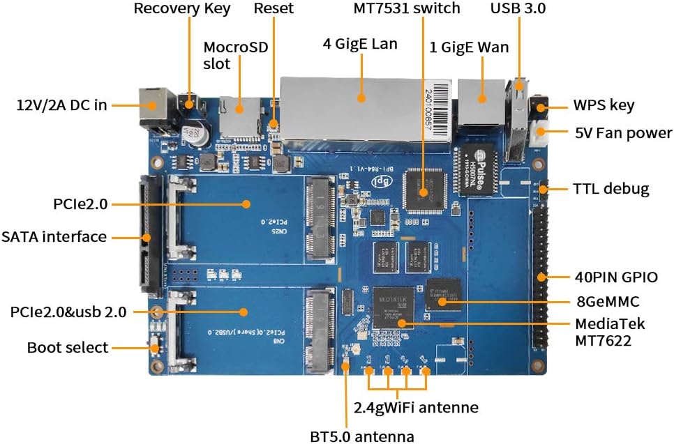 Banana Pi BPI R64 Smart WiFi Router-High Speed Wireless Router,Dual Band, 5 Gigabit Port with 1GB DDR3 Based in MediaTek MTK MT7622 Soc OpenWRT for NAS VPN Server,Bundle with Dual-Band WiFi Module