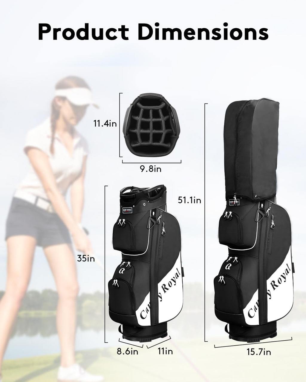 Golf Cart Bag:14 Way Full Length Divider Top Lightweight with Cooler Handles Rain Cover and Golf Shoe Bag Green