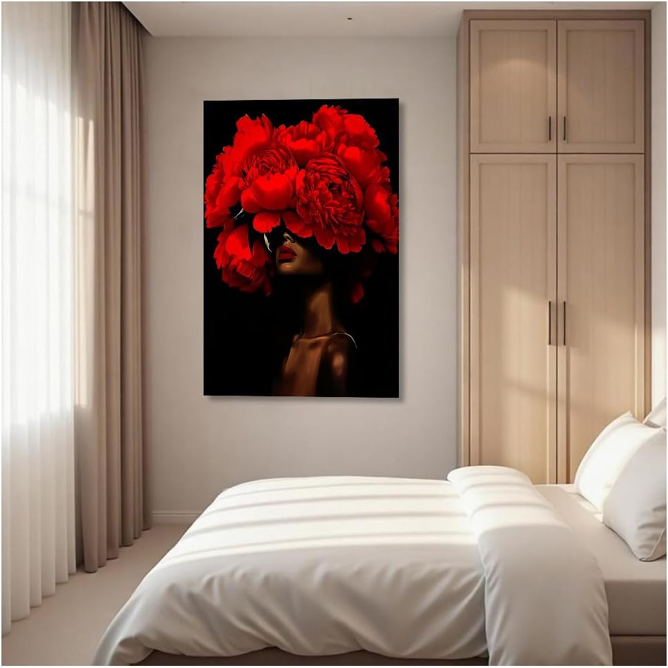DOARTDO African American Wall Art Woman with Flowers on Head Painting Black and Red Pictures Black Women Portrait Canvas Prints Bedroom Home Decor Framed (Red, (28.00' x 42.00')