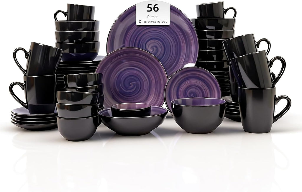 Stoneware Sonoma 56pc Dinnerware Set, Black + Speckled Spin Wash Purple