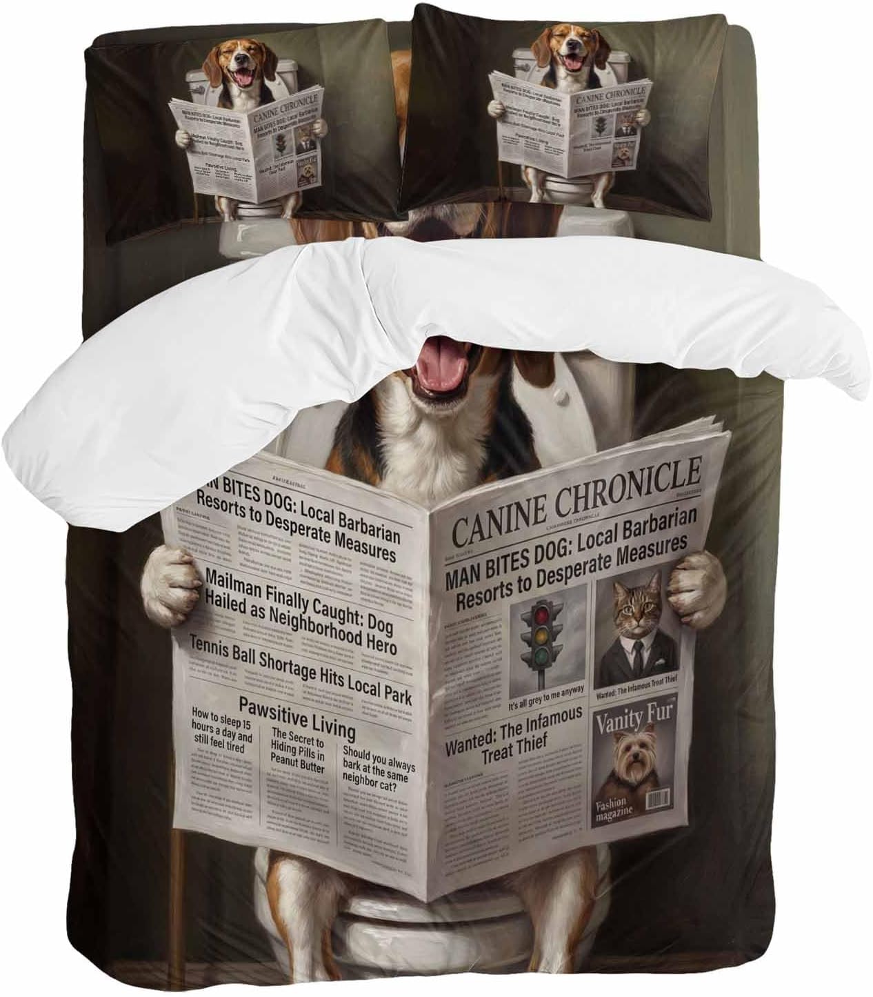 Prime Leader Funny Dog Puppy Duvet Cover Set Queen Size 4 Pieces Cute Beagle Cartoon Newspaper Toilet Bedding Set with Zipper Closure, 1 Comforter Cover 86x86 Inches 1 Flat Sheet & 2 Pillow Cases