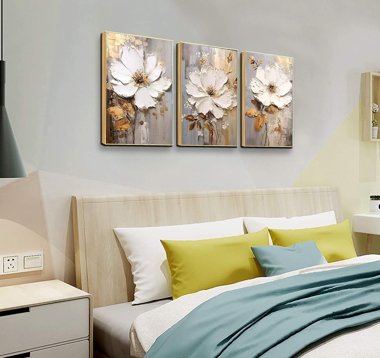 3 Piece Framed Canvas Wall Art for Living Room, Textured White Floral Abstract Oil Painting with Gold Frame, Modern Luxury Flower Wall Decor for Bedroom Office, Each Panel 20x28 Inches
