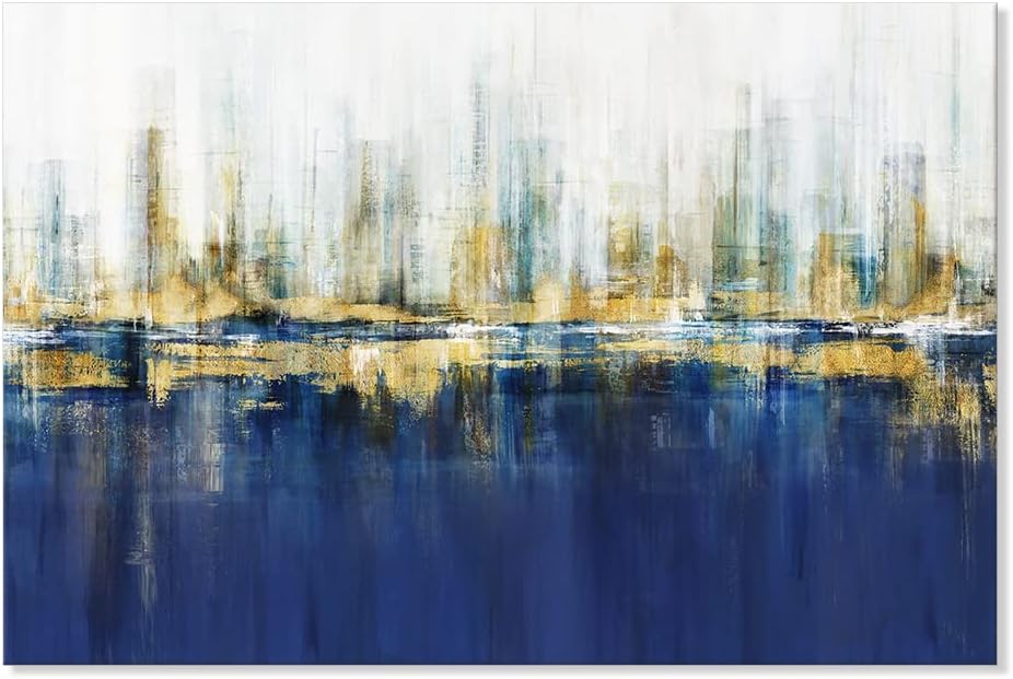 7Fisionart Indigo Blue and Gold Wall Art for Living Room Abstract Decor Canvas Paintings Cityscape Modern Skyline Large Size Pictures Framed Artwork Bedroom Office 48'x32'