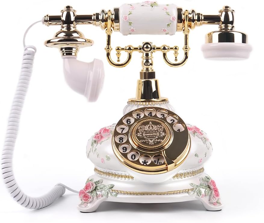 Premium Classic Retro Style Wedding MessageBook Audio Phone with Free LED Sign,European Old Fashioned Luxry Antique Audio Guestbook Desk Decoration Telephone for Birthday Parties (Ceramic White)