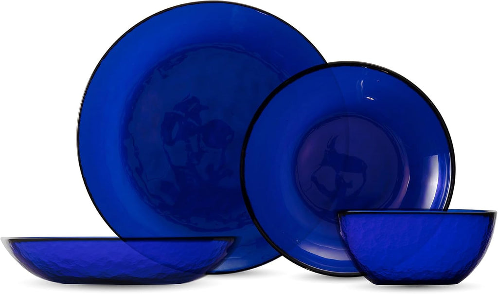 FORTESSA Los Cabos Tableware, 16-Piece Glass Dinnerware Set with 4 Dinner Plates, 4 Salad Plates, 4 Coupe Bowls and 4 Cereal Bowls, Dishwasher-Safe Glass Plate Set, Cobalt Blue