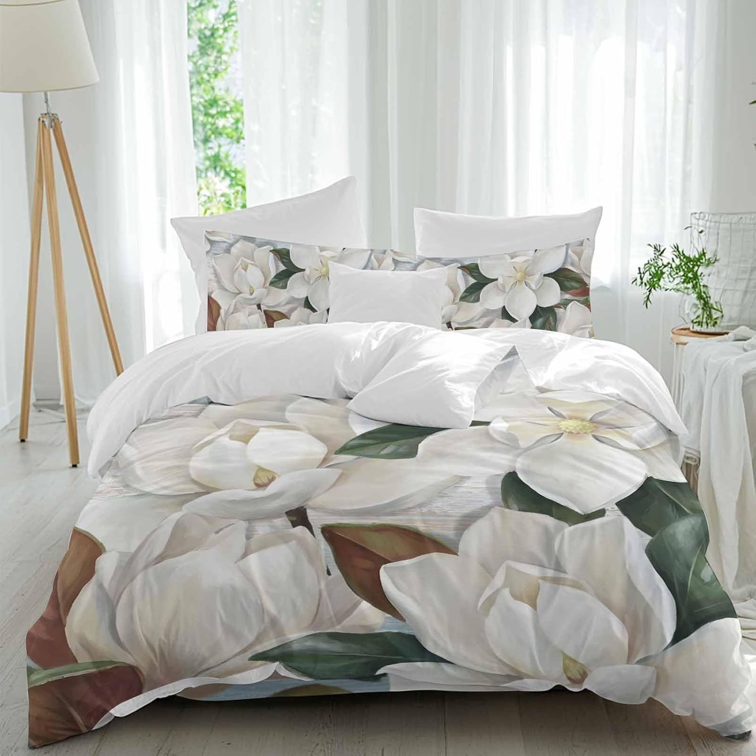 White Floral Duvet Cover Set Queen Size 4 Pieces Spring White Magnolia Vintage Plants Farmhouse Rustic Bedding Set with Zipper Closure, 1 Comforter Cover 90x92 Inches 1 Flat Sheet & 2 Pillow Cases