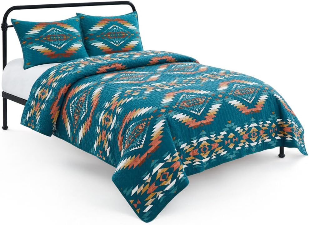 Pendleton Twin Quilt Set – 100% Cotton 2 Piece Quilt Set with Sham, Soft Lightweight Bedding for Twin Size Bed for Dorms, Teal Multi Patterned Comforter Alternative, Twin Bedding Set (Summerland)