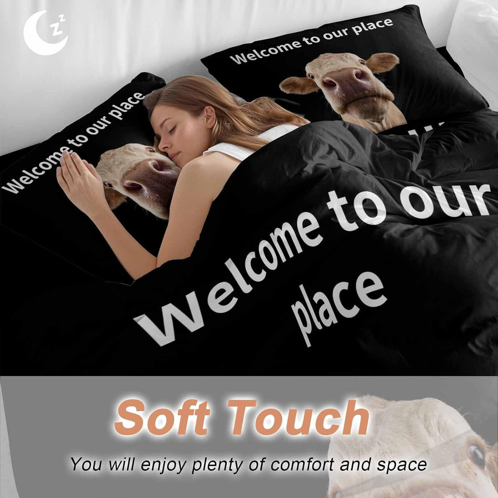 Prime Leader Funny Cow Duvet Cover Set Queen Size 4 Pieces Welcome to Our Place Abstract Animal Bedding Set with Zipper Closure, 1 Comforter Cover 92x106 Inches 1 Flat Sheet & 2 Pillow Cases