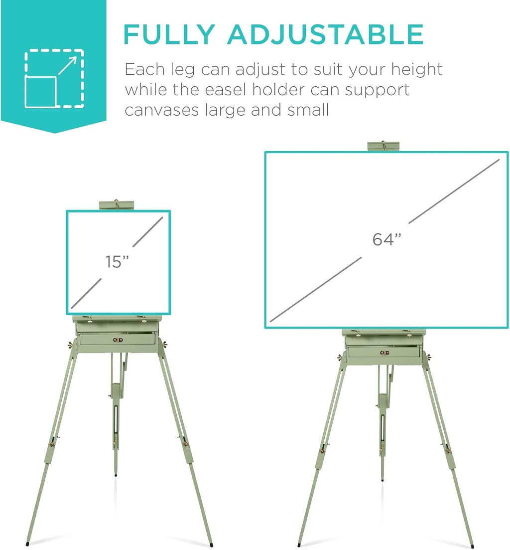 Best Choice Products Art Easel for Painting, Portable Wooden Adjustable Artist Tripod with Sketch Box, 32-Piece Art Set with Acrylic Paints, Brushes, Canvases & Palette - Sage Green
