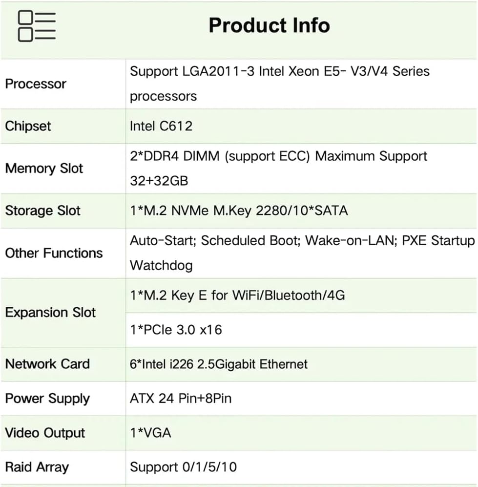 C612 NAS Motherboard Slot 10xSATA 1*M.2_ NVME PCIE ×1 LGA2011-3 for NAS Router Sever 6x2.5GbE I226 DDR4 RAM Memory