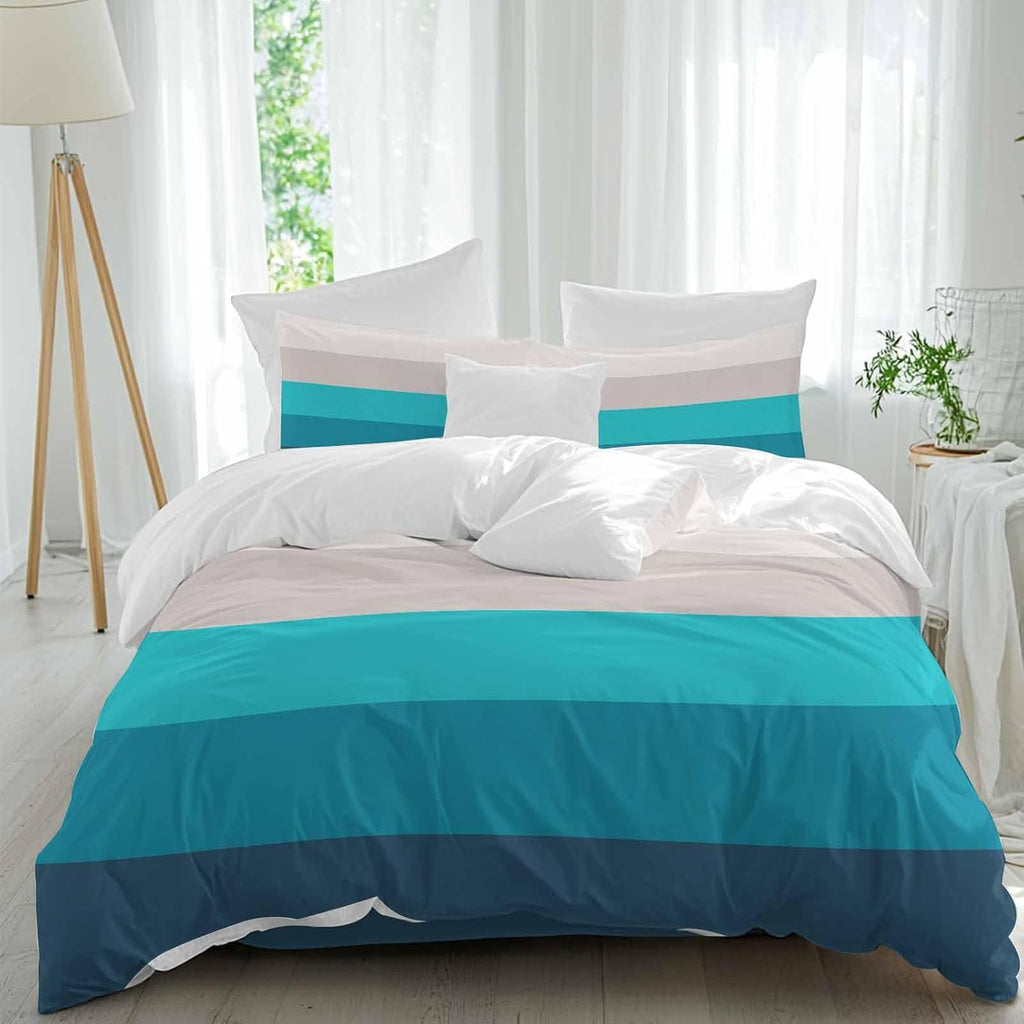 Prime Leader Geometric Stripes Duvet Cover Set Queen Size 4 Pieces Minimalist Turquoise Gradient Pattern Bedding Set with Zipper Closure, 1 Comforter Cover 86x86 Inches 1 Flat Sheet & 2 Pillow Cases