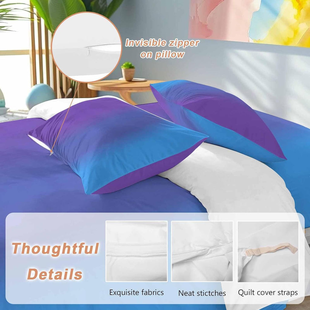 Purple Blue Gradient Duvet Cover Set Queen Size 4 Pieces Colorful Striped Ombre Minimalist Art Bedding Set with Zipper Closure, 1 Comforter Cover 92x106 Inches 1 Flat Sheet & 2 Pillow Cases