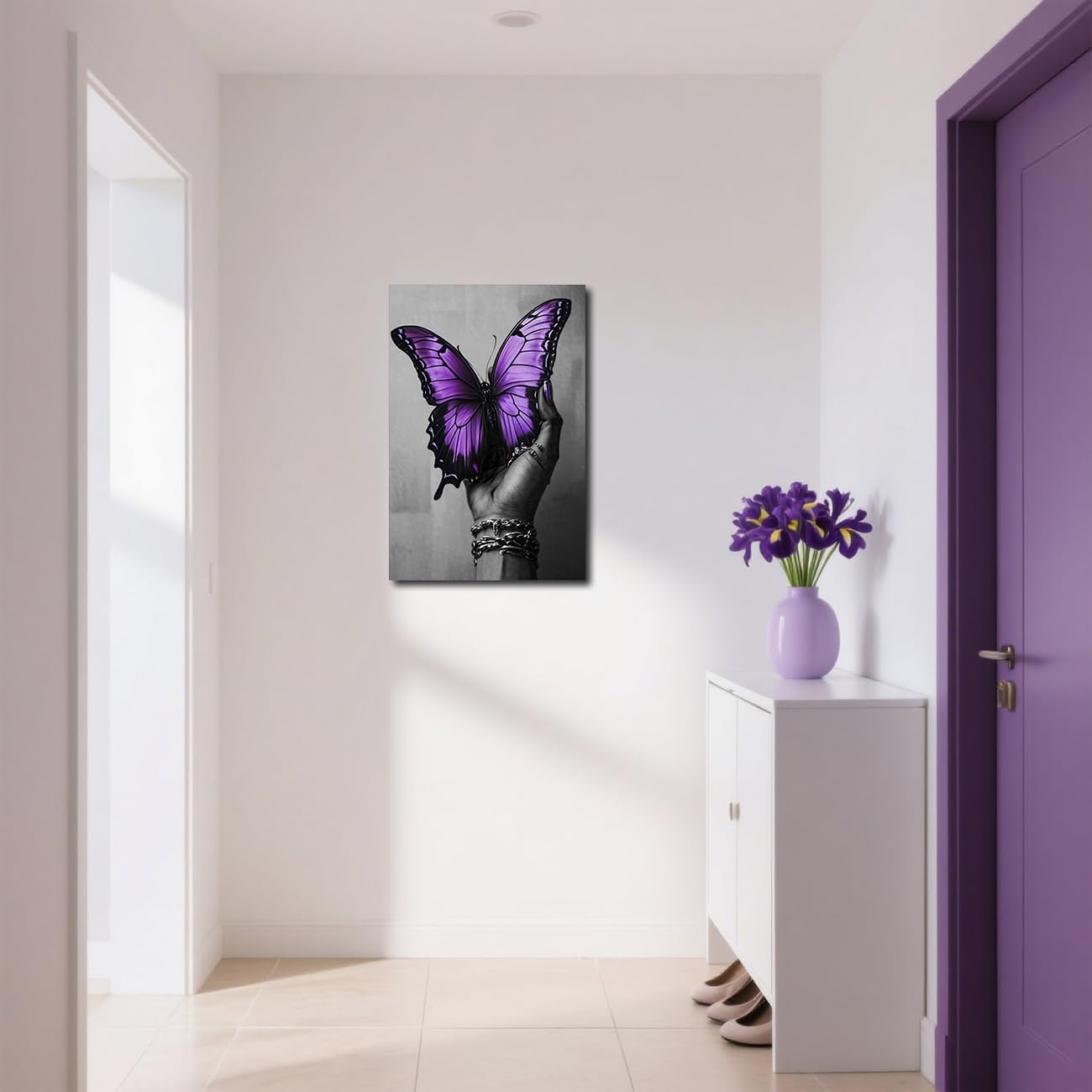 SWQYLB African American Canvas Wall Art Black Woman Hand and Butterfly Picture Black Girl Painting Abstract Women Poster Prints Afro Art Wall Decor for Bedroom (Purple, 42L x 28W)
