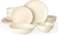 Famiware Jupiter 16-Piece Stoneware Dinnerware Ses - Includes Pasta Bowl & Dinner Plate, Handcrafted Dishes with Speckles & Embossed Swirls, Chip & Scratch Resistant, Service for 4, Vanilla White