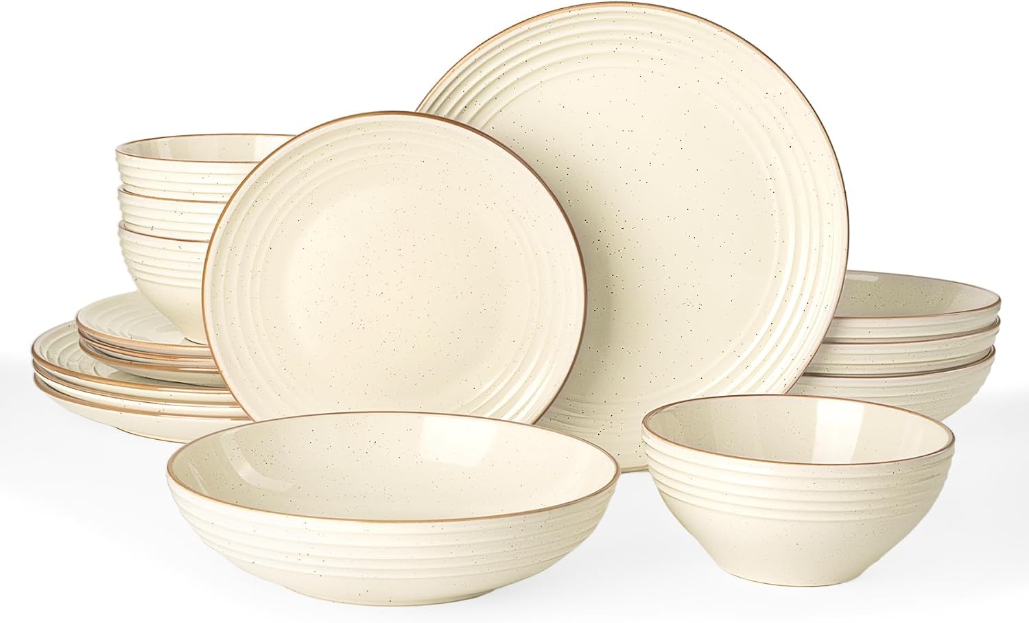 Famiware Jupiter 16-Piece Stoneware Dinnerware Ses - Includes Pasta Bowl & Dinner Plate, Handcrafted Dishes with Speckles & Embossed Swirls, Chip & Scratch Resistant, Service for 4, Vanilla White
