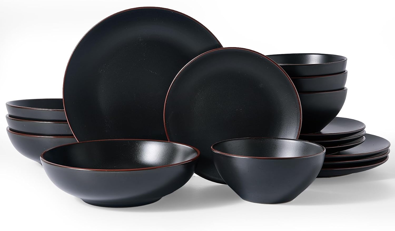 Famiware Venus Stoneware Dinnerware Sets with Pasta Bowls for 4, 16-Piece Plates and Bowls with Trim, Matte Black - Chip‑Resistant Ceramic Dish Set for Everyday & Formal Use, Microwave/Dishwasher Safe