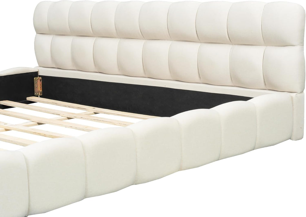 King Size Upholstered Platform Bed with Thick Fabric, Grounded Bed with Solid Frame, Beige