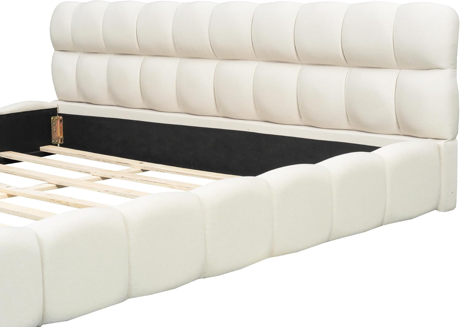 King Size Upholstered Platform Bed with Thick Fabric, Grounded Bed with Solid Frame, Beige