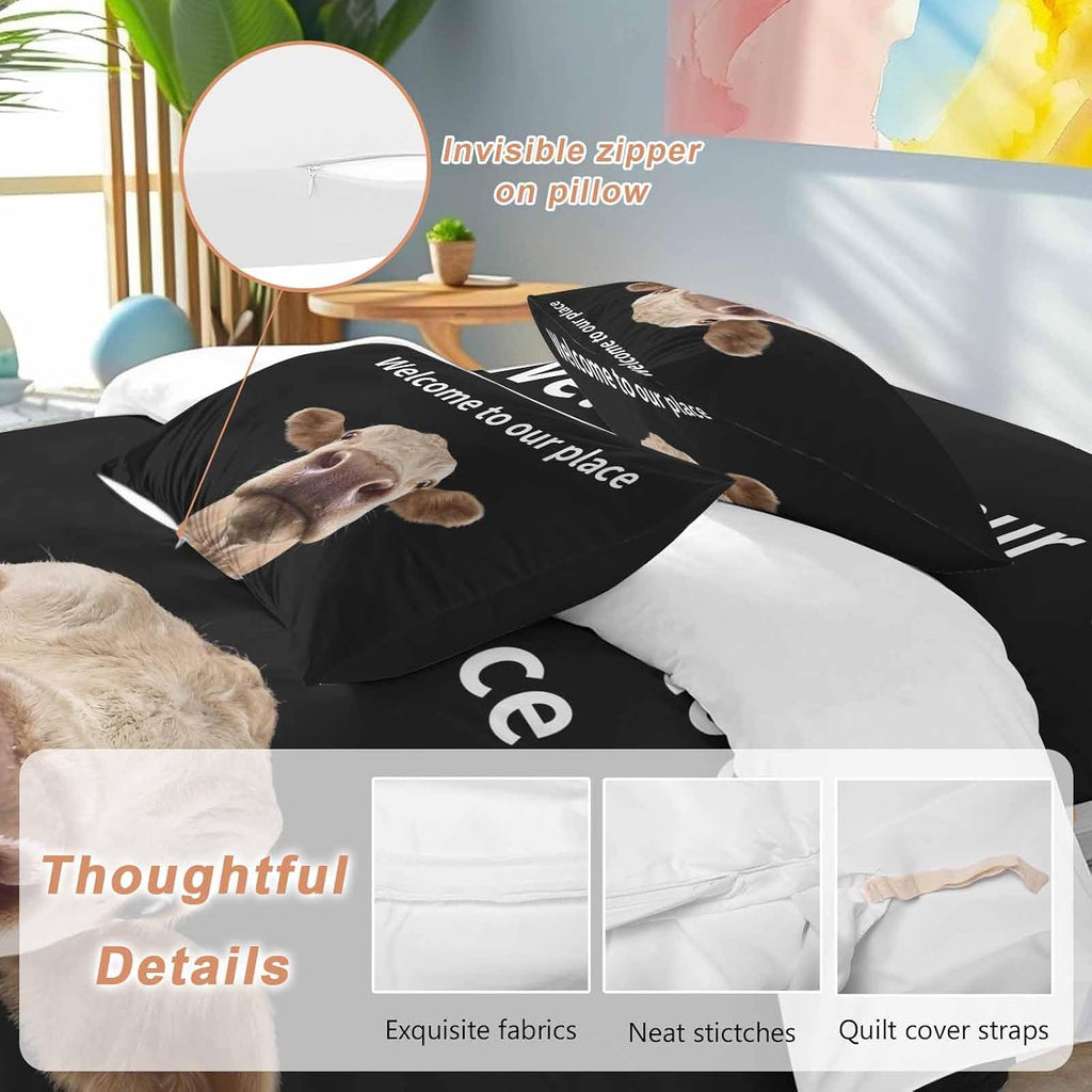 Prime Leader Funny Cow Duvet Cover Set Queen Size 4 Pieces Welcome to Our Place Abstract Animal Bedding Set with Zipper Closure, 1 Comforter Cover 92x106 Inches 1 Flat Sheet & 2 Pillow Cases