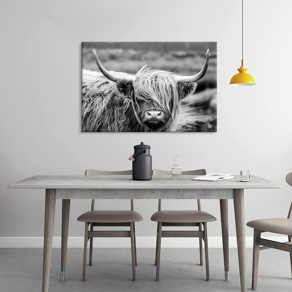 SEVEN WALL ARTS Scottish Highland Cow Canvas Wall Art Black and White Wall Decor Cattle Picture Print Photography Wildlife Animal Portrait Framed Farmhouse Artwork for Living Room Bedroom Office Decor