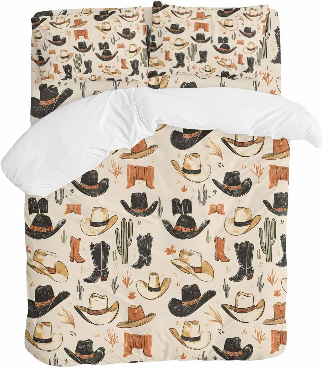 Prime Leader Western Cowboy Duvet Cover Set Queen Size 4 Pieces Boots Hat Vintage Desert Cactus Bedding Set with Zipper Closure, 1 Comforter Cover 90x92 Inches 1 Flat Sheet & 2 Pillow Cases
