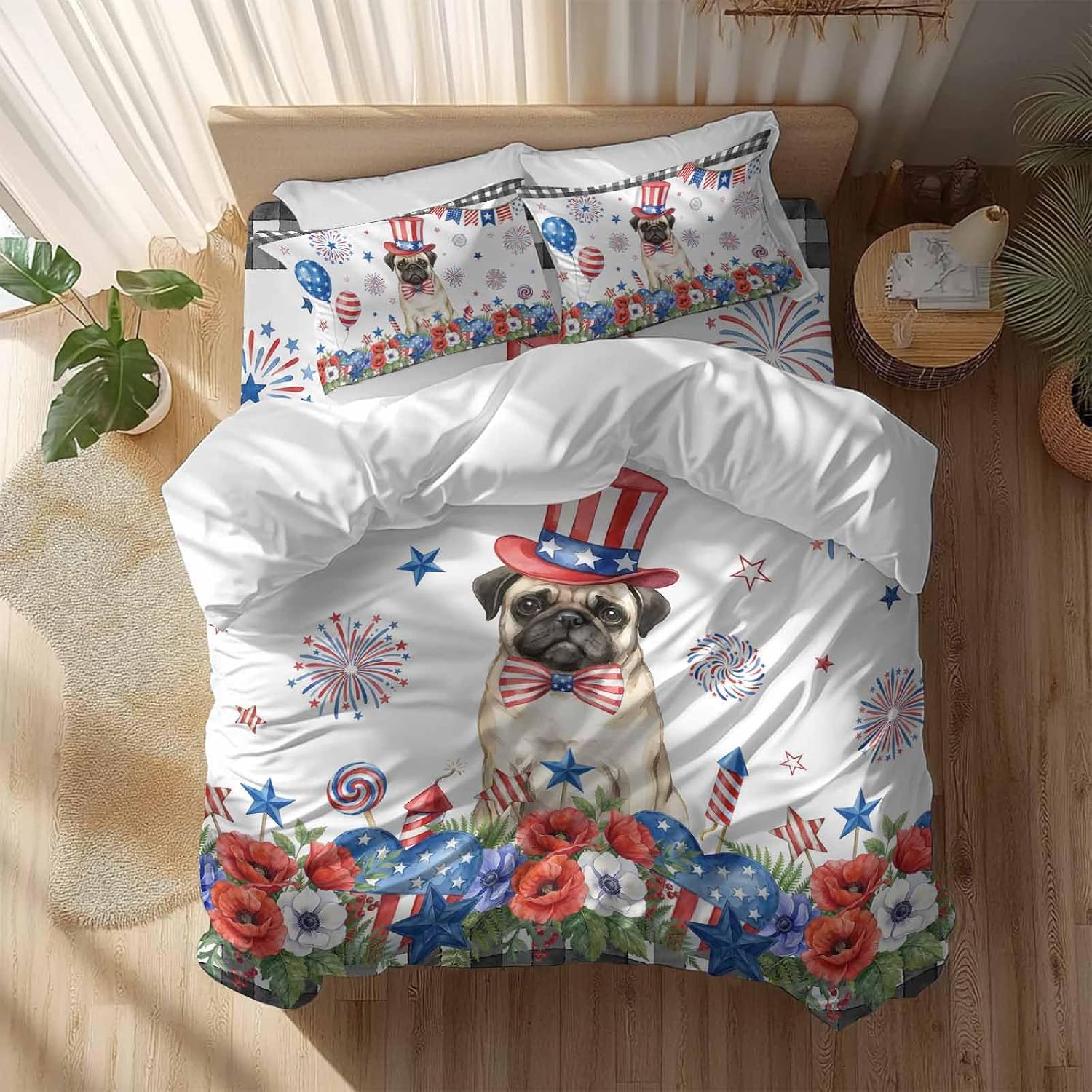 Independence Day Duvet Cover Set Queen Size 4 Pieces Cartoon Pug Dog Cute Puppy Red Blue Flower Bedding Set with Zipper Closure, 1 Comforter Cover 90x92 Inches 1 Flat Sheet & 2 Pillow Cases