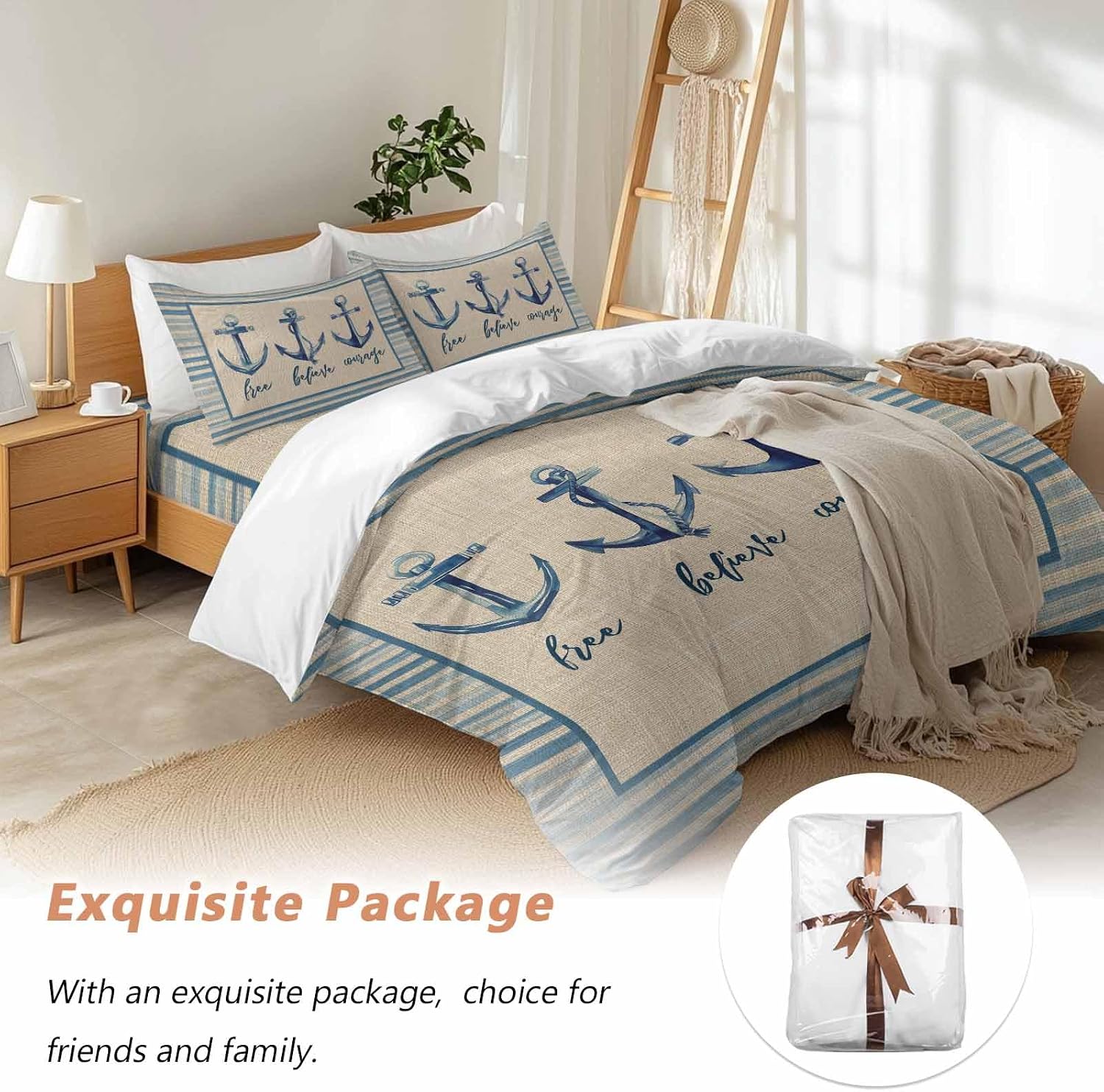 Summer Ocean Duvet Cover Set Queen Size 4 Pieces Blue Stripes Anchor Free Believe Courage Linen Bedding Set with Zipper Closure, 1 Comforter Cover 86x86 Inches 1 Flat Sheet & 2 Pillow Cases