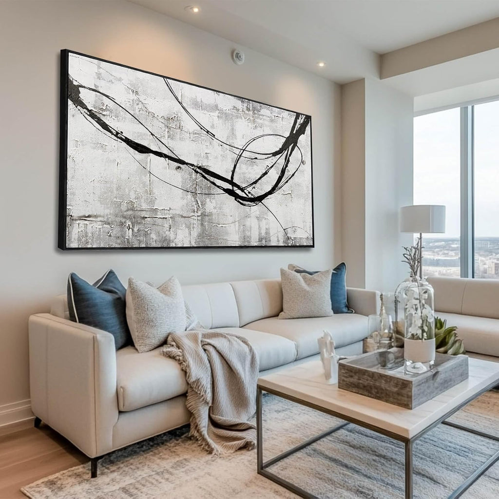 Abstract Framed Wall Art for Living Room White Pictures Canvas Black Arts Wall Decor Poster Prints Artwork for Hotel Gallery 24'x48'