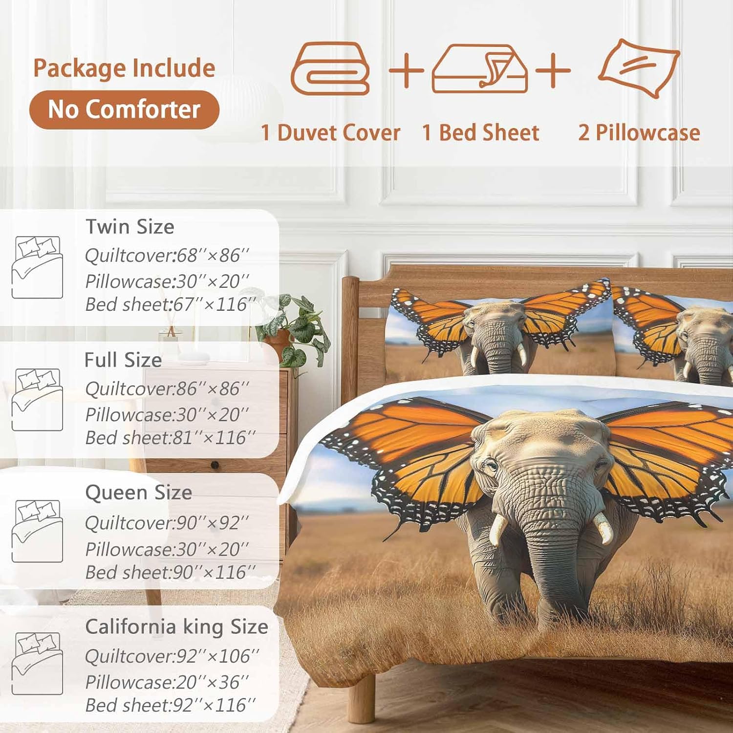 Prime Leader Funny Elephant Duvet Cover Set Queen Size 4 Pieces Elephant with Butterfly Ears Grassland Bedding Set with Zipper Closure, 1 Comforter Cover 86x86 Inches 1 Flat Sheet & 2 Pillow Cases