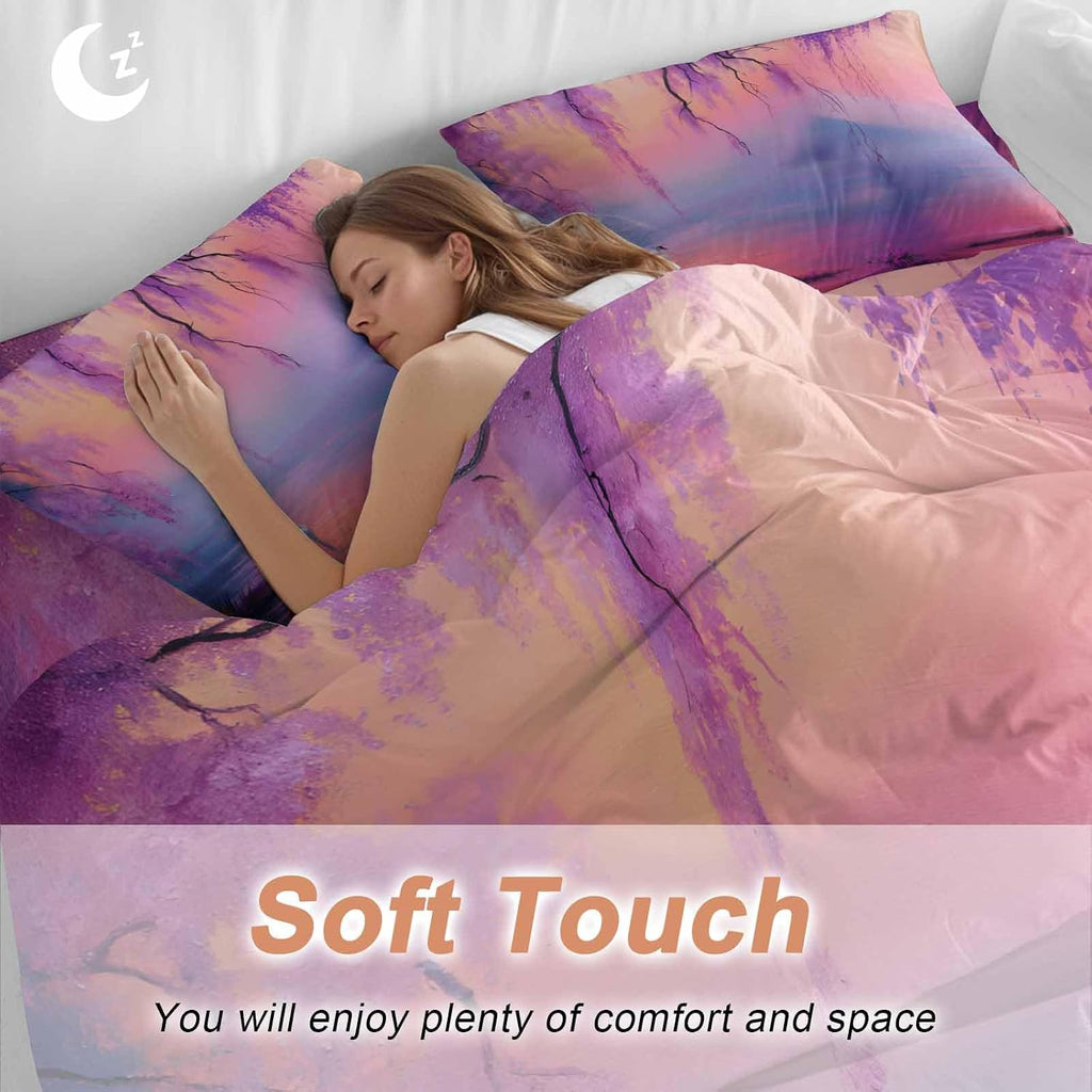 Swan Duvet Cover Set Queen Size 4 Pieces Oil Painting Spring Wisteria Gradient Pink Blue Lake Bedding Set with Zipper Closure, 1 Comforter Cover 86x86 Inches 1 Flat Sheet & 2 Pillow Cases