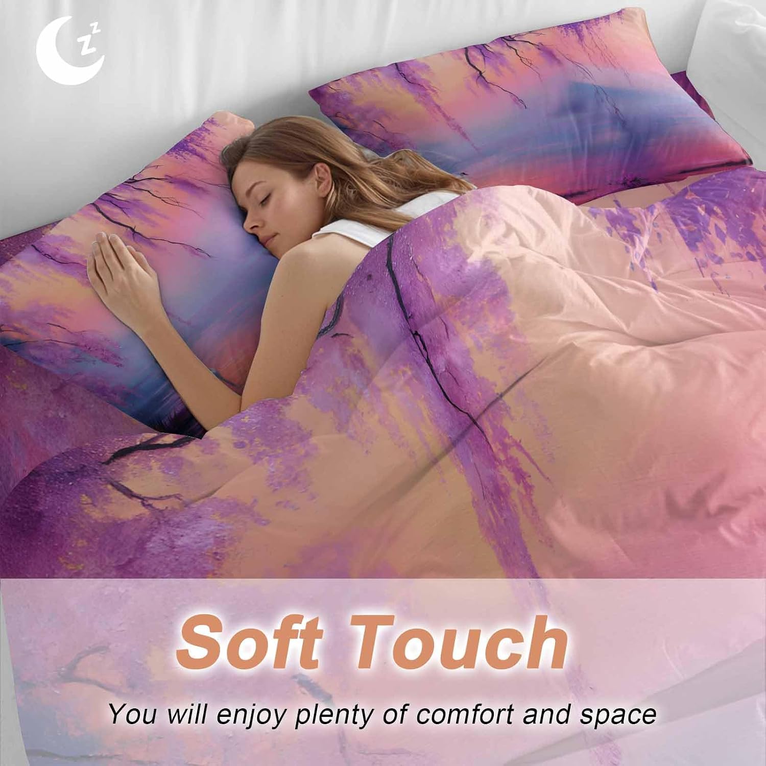Swan Duvet Cover Set Queen Size 4 Pieces Oil Painting Spring Wisteria Gradient Pink Blue Lake Bedding Set with Zipper Closure, 1 Comforter Cover 86x86 Inches 1 Flat Sheet & 2 Pillow Cases