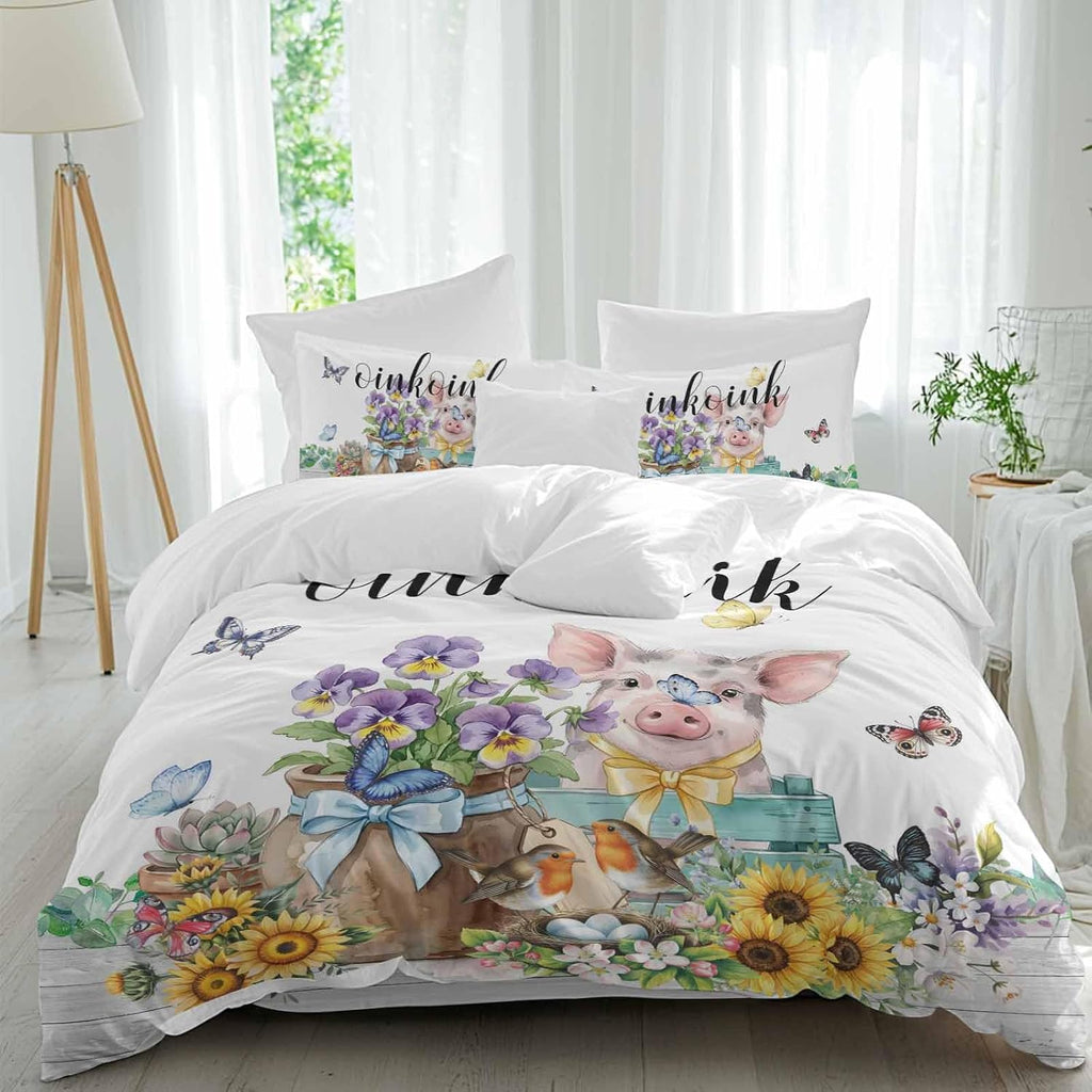 Prime Leader Floral Animals Duvet Cover Set Queen Size 4 Pieces Retro Flowers Fence Pig Birds Butterfly Bedding Set with Zipper Closure, 1 Comforter Cover 92x106 Inches 1 Flat Sheet & 2 Pillow Cases