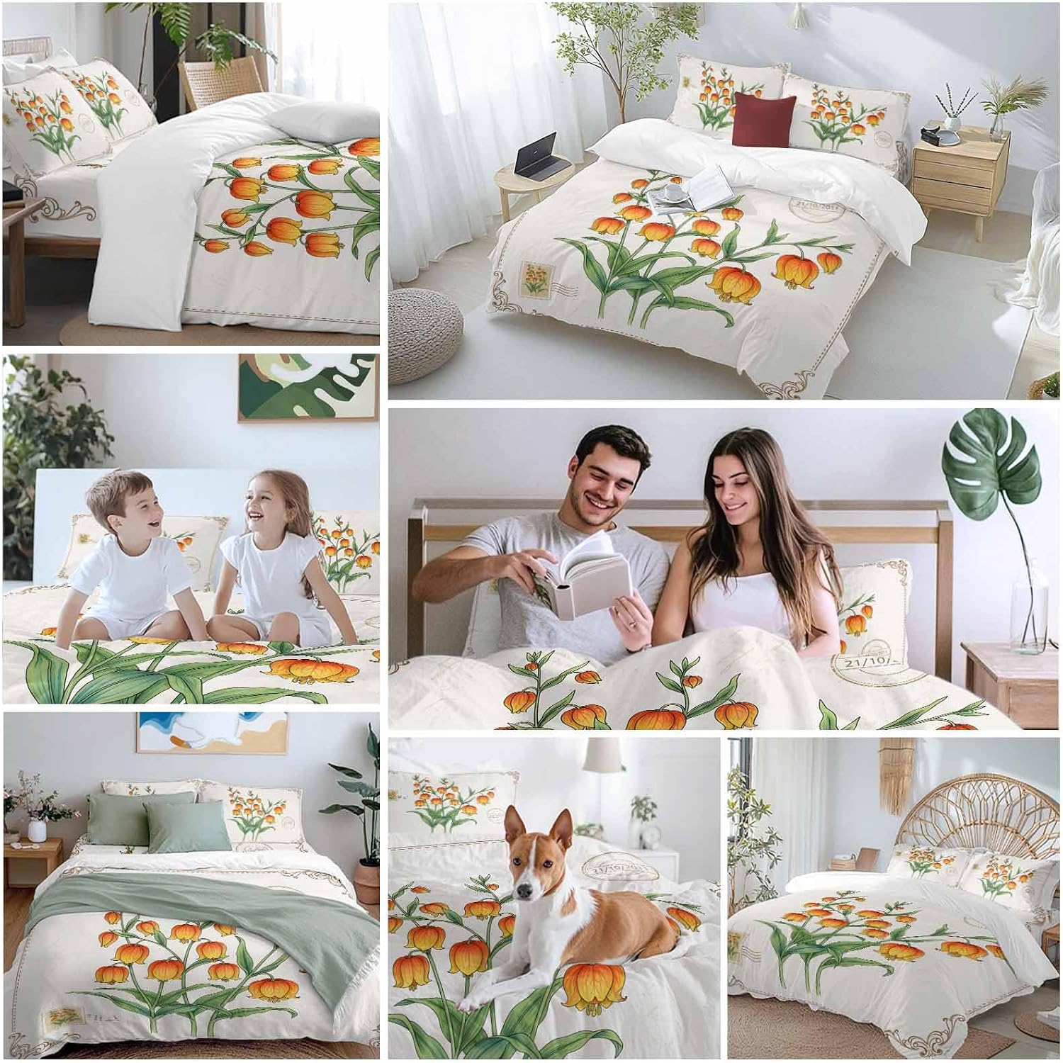 Orange Floral Duvet Cover Set Queen Size 4 Pieces Country Pastoral Watercolor Flowers Green Leaf Bedding Set with Zipper Closure, 1 Comforter Cover 90x92 Inches 1 Flat Sheet & 2 Pillow Cases