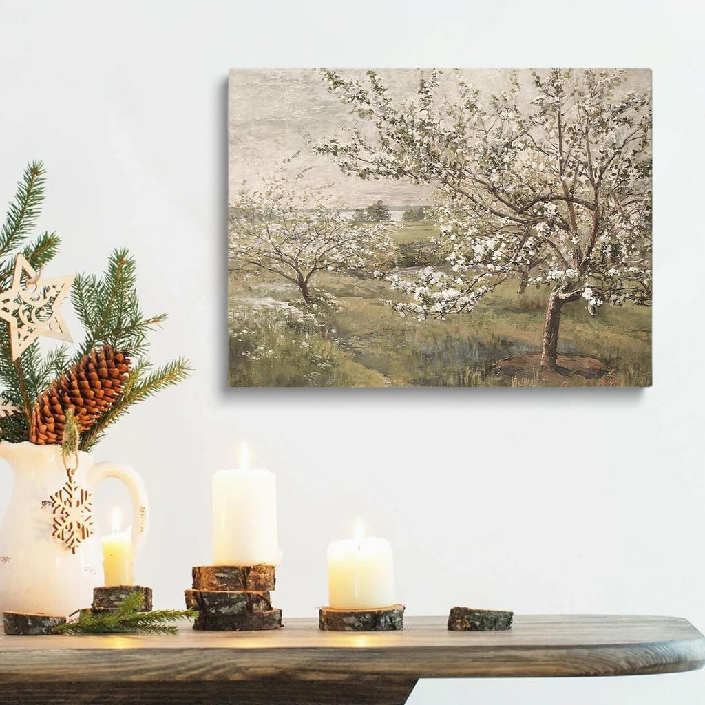 Framed Spring Blooming Tree Painting Posters Vintage European Muted Colors Canvas Print Wall Art Full of vitality Easter Spring Wall Decor 24x36 framed