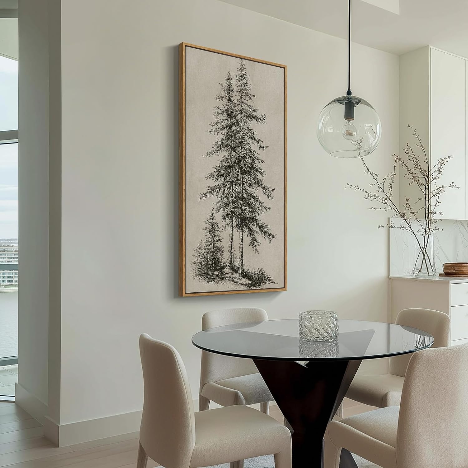 Large Framed Vertical Vintage Pine Tree Wall Art for Living Room, Neutral Sketch Rustic Classic Beige Canvas Artwork for Walls, Nordic Forest Farmhouse Wall Decor for Bedroom Hallway Office, 30x60 In