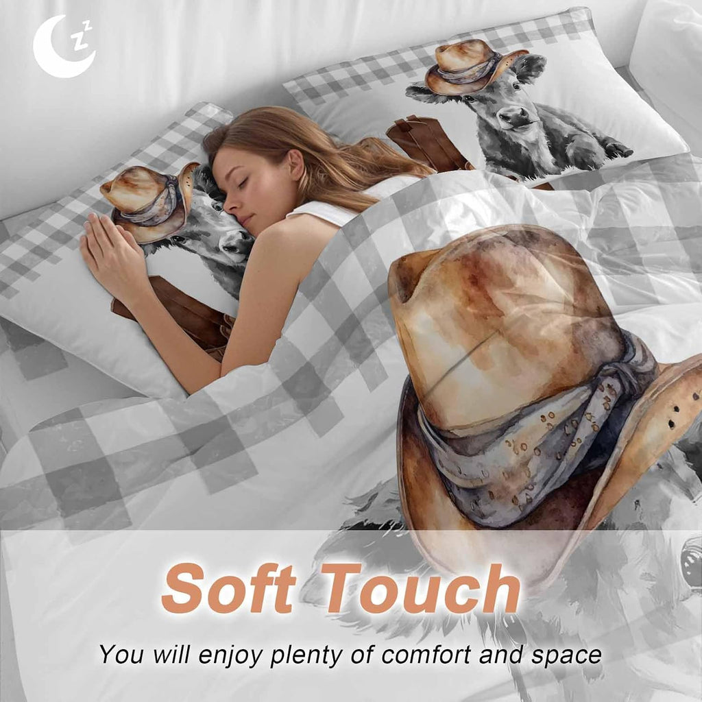 Farmhouse Cow Duvet Cover Set Queen Size 4 Pieces Grey Animal with Cowboy Hats Western Boots Plaid Bedding Set with Zipper Closure, 1 Comforter Cover 90x92 Inches 1 Flat Sheet & 2 Pillow Cases