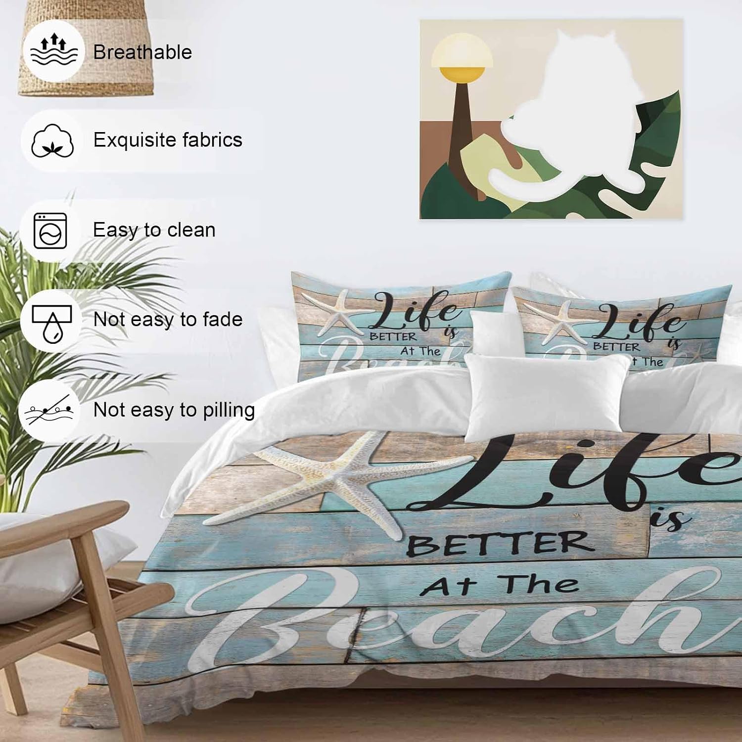 Life Is Duvet Cover Set Queen Size 4 Pieces Better at The Beach Summer Starfish Teal Wood Grain Bedding Set with Zipper Closure, 1 Comforter Cover 90x92 Inches 1 Flat Sheet & 2 Pillow Cases