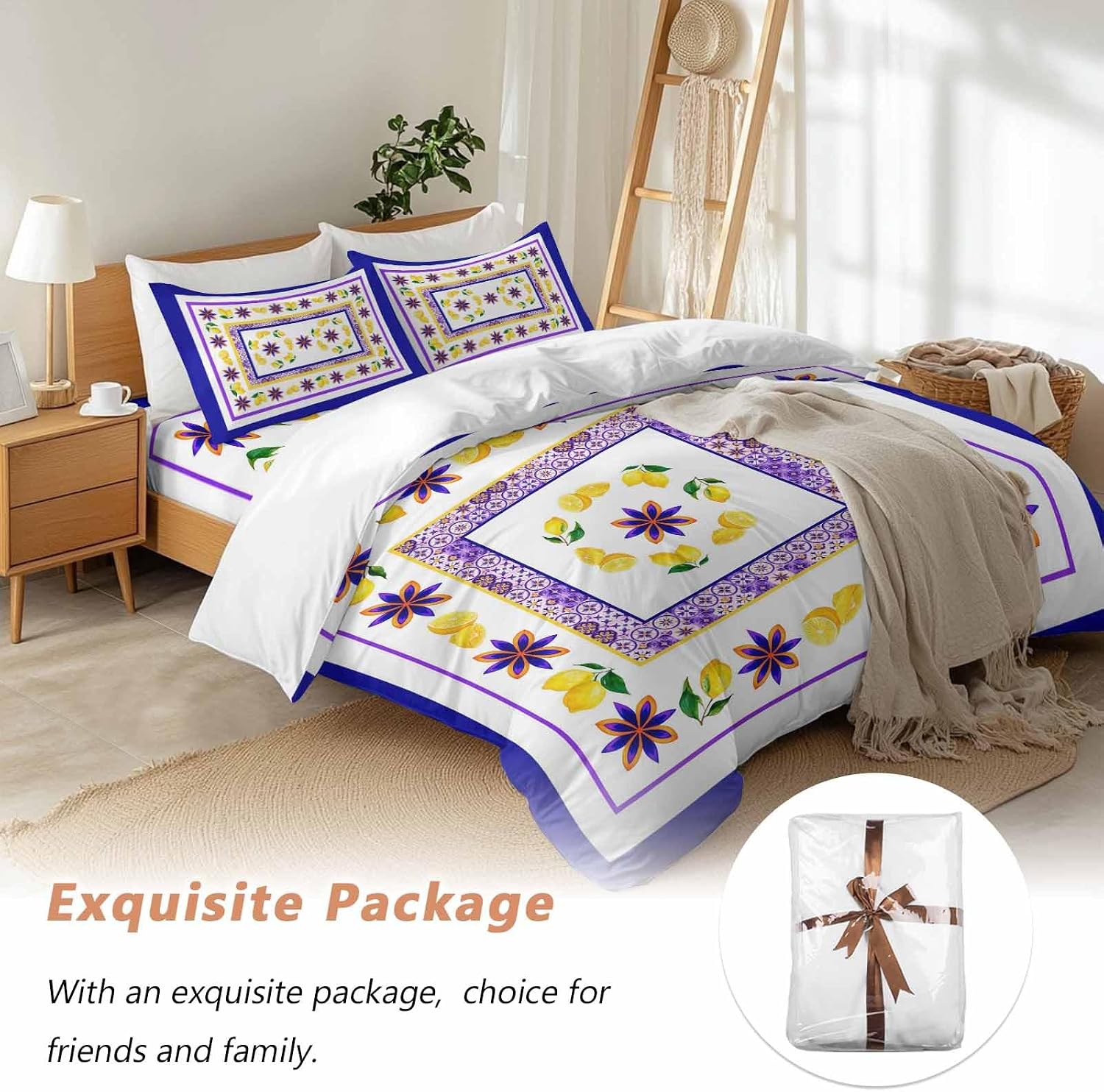 Mediterranean Style Lemon Floral Duvet Cover Set Queen Size 4 Pieces Blue Border Countryside Bedding Set with Zipper Closure, 1 Comforter Cover 92x106 Inches 1 Flat Sheet & 2 Pillow Cases