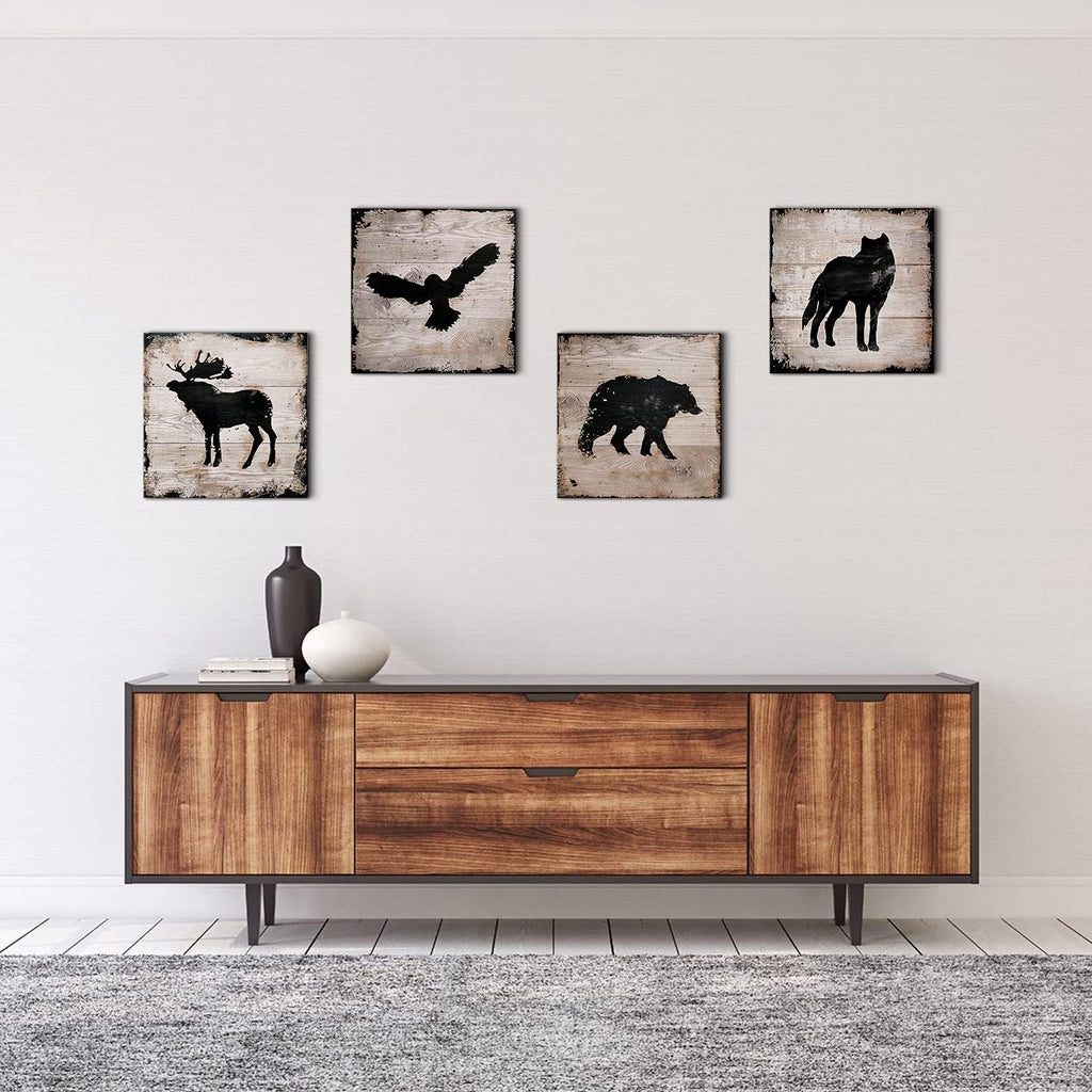 Wild Animal Silhouette Canvas Wall Art Decor Elk Wolf Bear Eagle Prints Painting 24 x 24 Inch Peeling Paint Wood Texture Background for Bathroom Living Room Decoration Kids Nursery set of 4 Panels