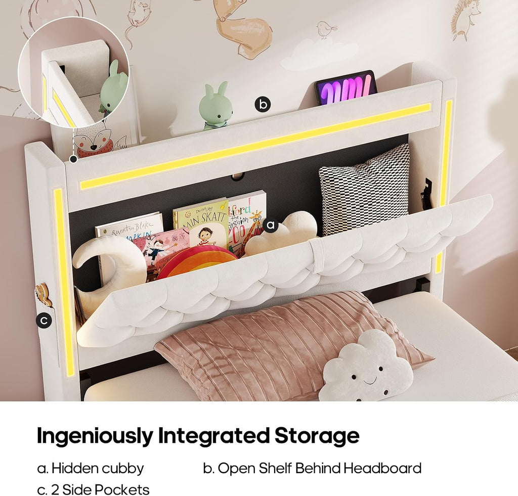 HAUOMS Twin Bed Frame with Storage Headboard & 3 XL Drawers, Power Outlet Type-C/A, Velvet Upholstered Princess Girls Bed Twin Size, No Box Spring Needed, Creamy White