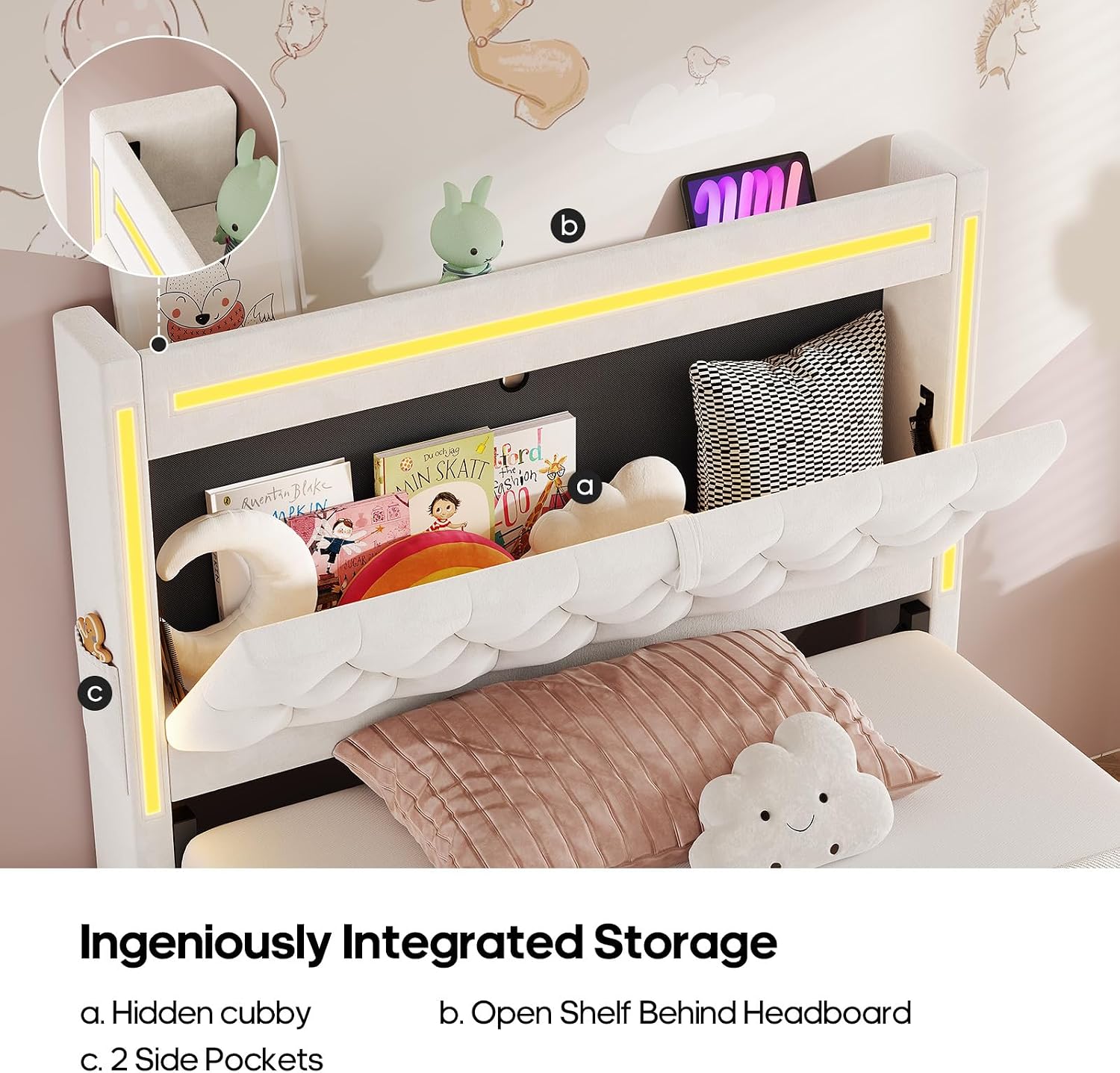HAUOMS Twin Bed Frame with Storage Headboard & 3 XL Drawers, Power Outlet Type-C/A, Velvet Upholstered Princess Girls Bed Twin Size, No Box Spring Needed, Creamy White