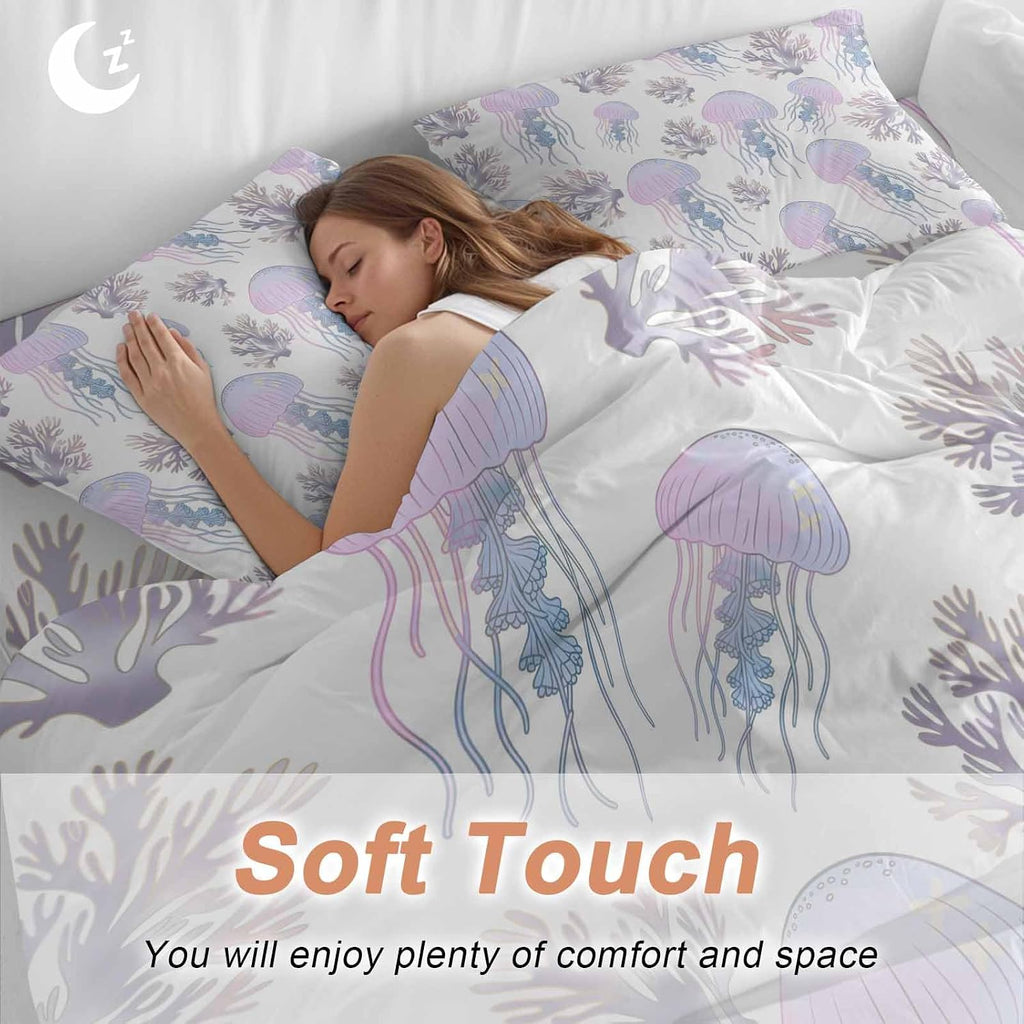 Prime Leader Jellyfish Coral Duvet Cover Set Queen Size 4 Pieces Dreamy Pink Purple Ocean Coastal Bedding Set with Zipper Closure, 1 Comforter Cover 86x86 Inches 1 Flat Sheet & 2 Pillow Cases