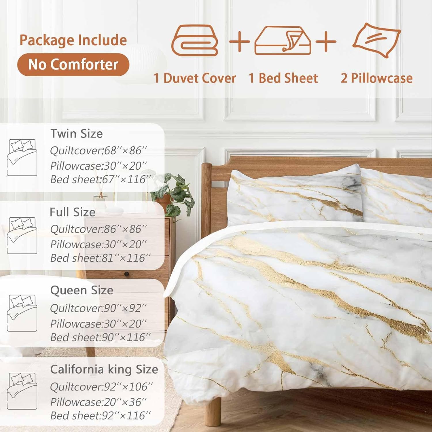 Prime Leader Gray Gold Marble Duvet Cover Set Queen Size 4 Pieces Modern Abstract Luxury Ink Texture Bedding Set with Zipper Closure, 1 Comforter Cover 86x86 Inches 1 Flat Sheet & 2 Pillow Cases