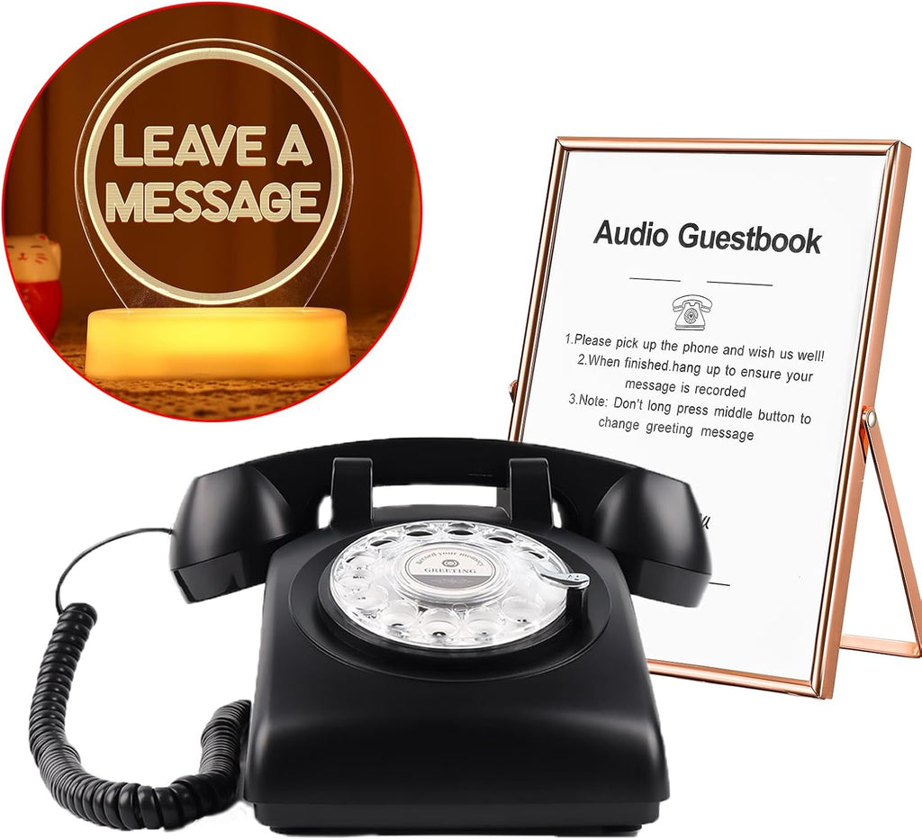 Premium Audio Guest Book Telephone with Free LED Wedding Sign and A5 Vertical Photo Frame | Vintage and Retro Style Audio Guestbook | Rotary Phone with Audio Record Voice Messages (Black)