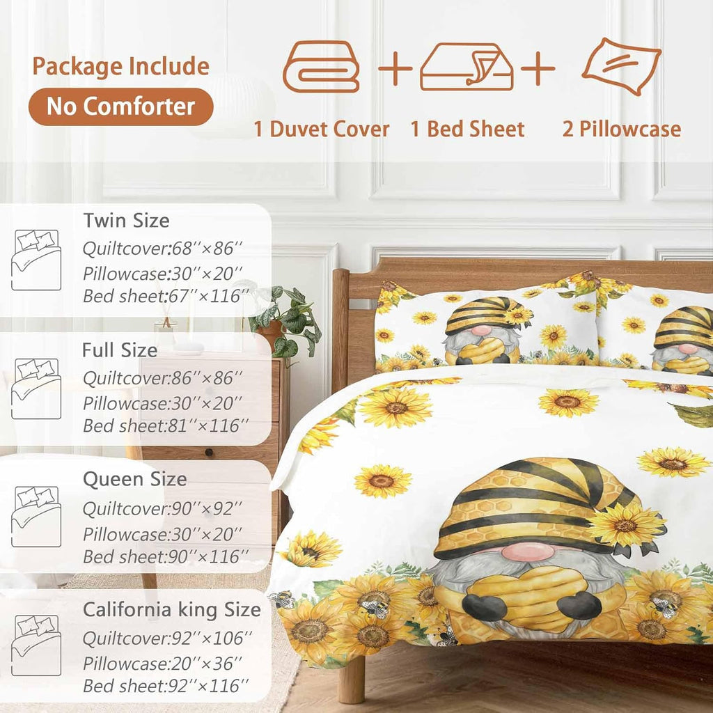 Summer Floral Duvet Cover Set Queen Size 4 Pieces Watercolor Sunflower Cartoon Gnome Farm Bee Bedding Set with Zipper Closure, 1 Comforter Cover 86x86 Inches 1 Flat Sheet & 2 Pillow Cases