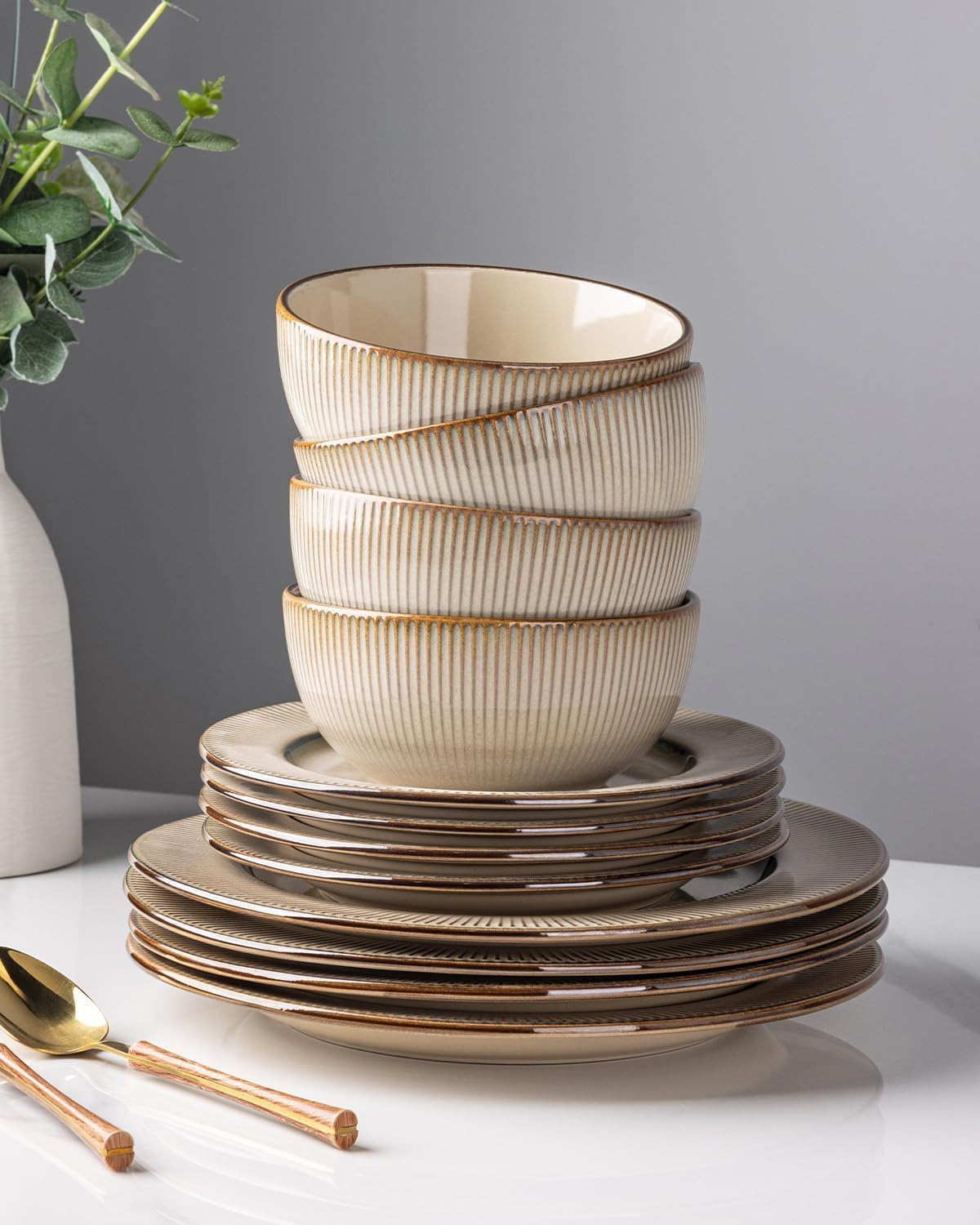 GBHOME Ceramic Dinnerware Sets, 24 pcs Embossed Elegant Stoneware Plates and Bowls Sets, Housewarming Wedding Gift | Dishwasher & Microwave Safe | Dishes Set Service for 8
