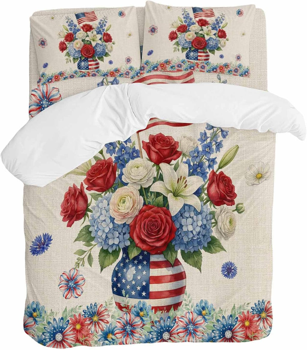 Independence Day Duvet Cover Set Queen Size 4 Pieces Red Blue USA Flag Penang Flower Stars Linen Texture Bedding Set with Zipper Closure, 1 Comforter Cover 90x92 Inches 1 Flat Sheet & 2 Pillow Cases