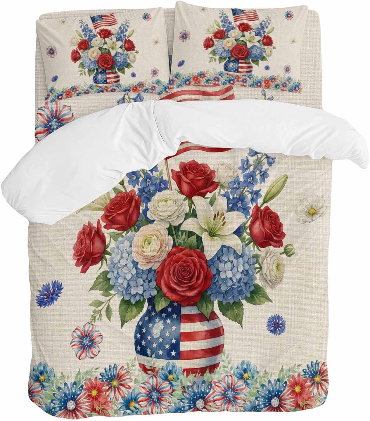 Independence Day Duvet Cover Set Queen Size 4 Pieces Red Blue USA Flag Penang Flower Stars Linen Texture Bedding Set with Zipper Closure, 1 Comforter Cover 90x92 Inches 1 Flat Sheet & 2 Pillow Cases
