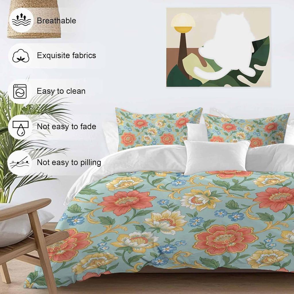 Embroidery Floral Duvet Cover Set Queen Size 4 Pieces Country Oriental Traditional Flower Red Teal Bedding Set with Zipper Closure, 1 Comforter Cover 92x106 Inches 1 Flat Sheet & 2 Pillow Cases