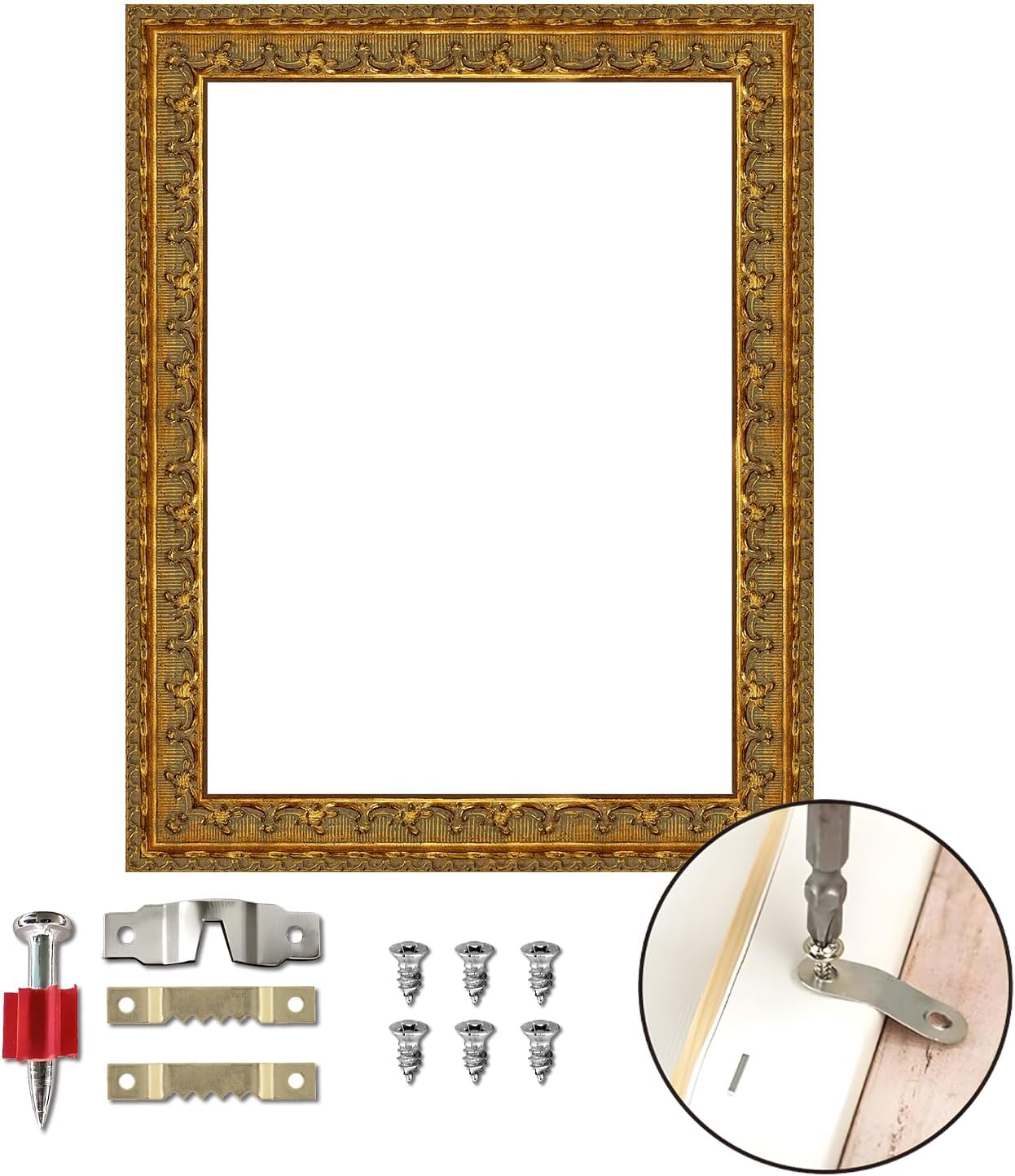 Rimbol Antique Gold Solid Wood Picture Frame - Hand Carved Distressed Finish with Gorgeous Floral Pattern, Wide Ribbon Gallery Frame for Canvas Paintings - Wall Decor for Living Room, Bedroom (24x28)